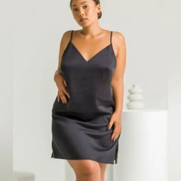 NWT Ettitude Women’s Black Sateen Slip Dress Adjustable...